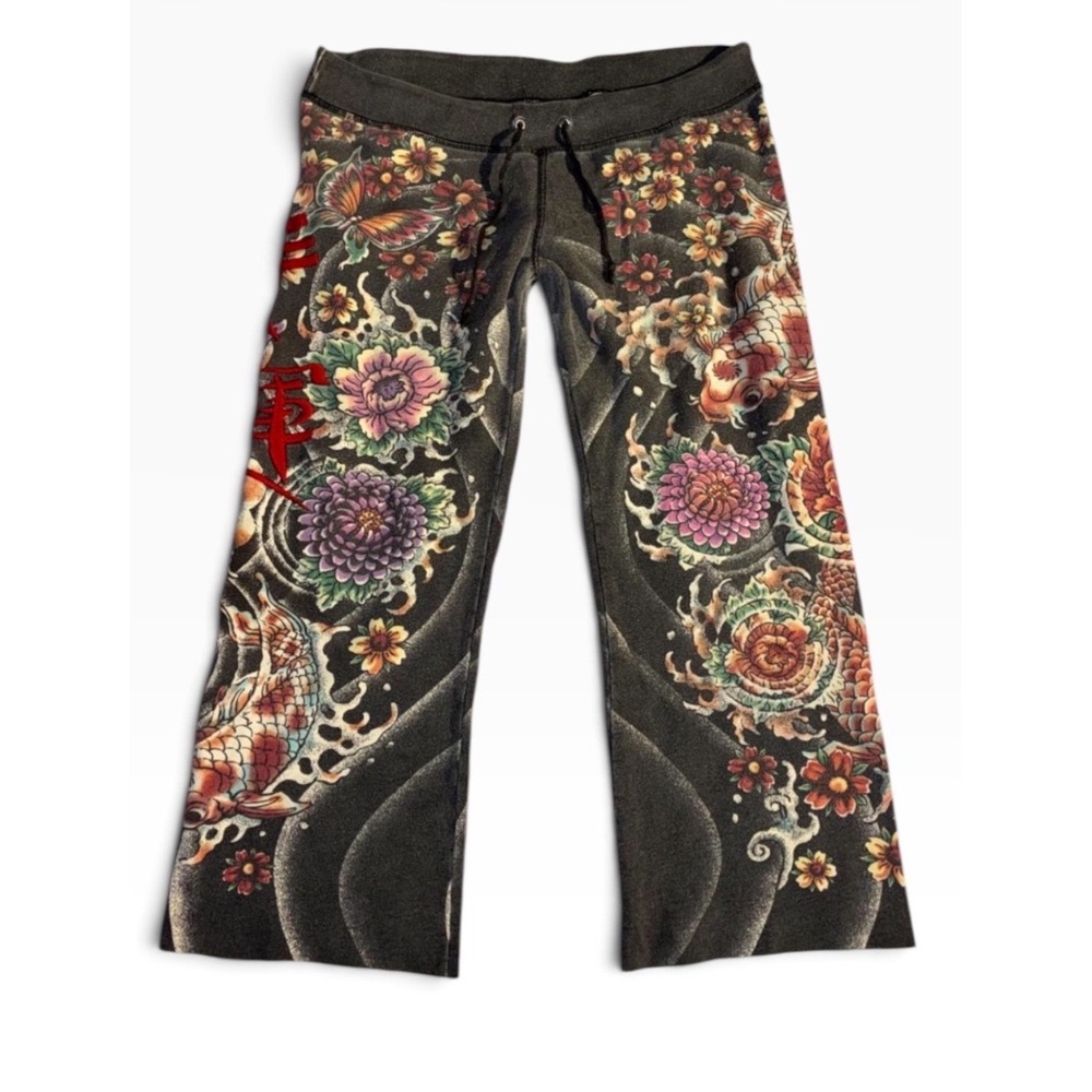 Y2K Lucky Brand Low Rise Japanese Koi Embroidered Cropped Sweat Pants Med